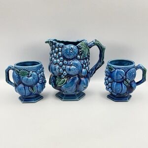 Inarco Japan Blue Fruit Pitcher & 2 Mugs Set E2431 / E2429 Vintage Ceramic 1960s